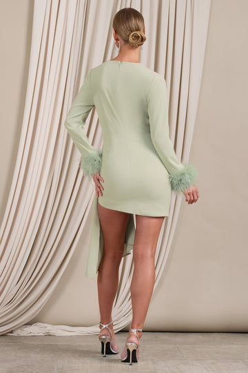 Mae Mint Wrap Mini Dress With Drape And Feather Cuffs